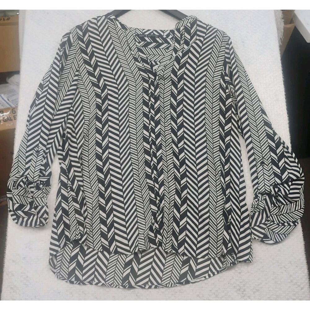 Zac & Rachel Womens XL Blouse Black White Geometric Herringbone Liquid Knit Top